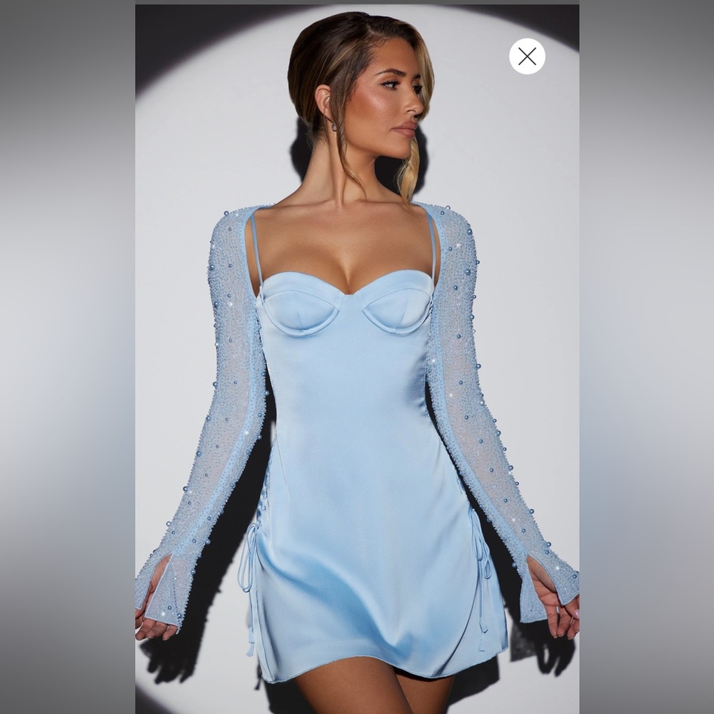 OhPolly blue embellished sleeve a line drawstring hem dress - worn once - size 4